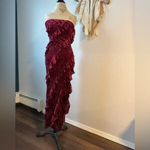 Thirty/Thirty LA Burgundy Velvet Burnout Strapless Ruffle Gown NWT